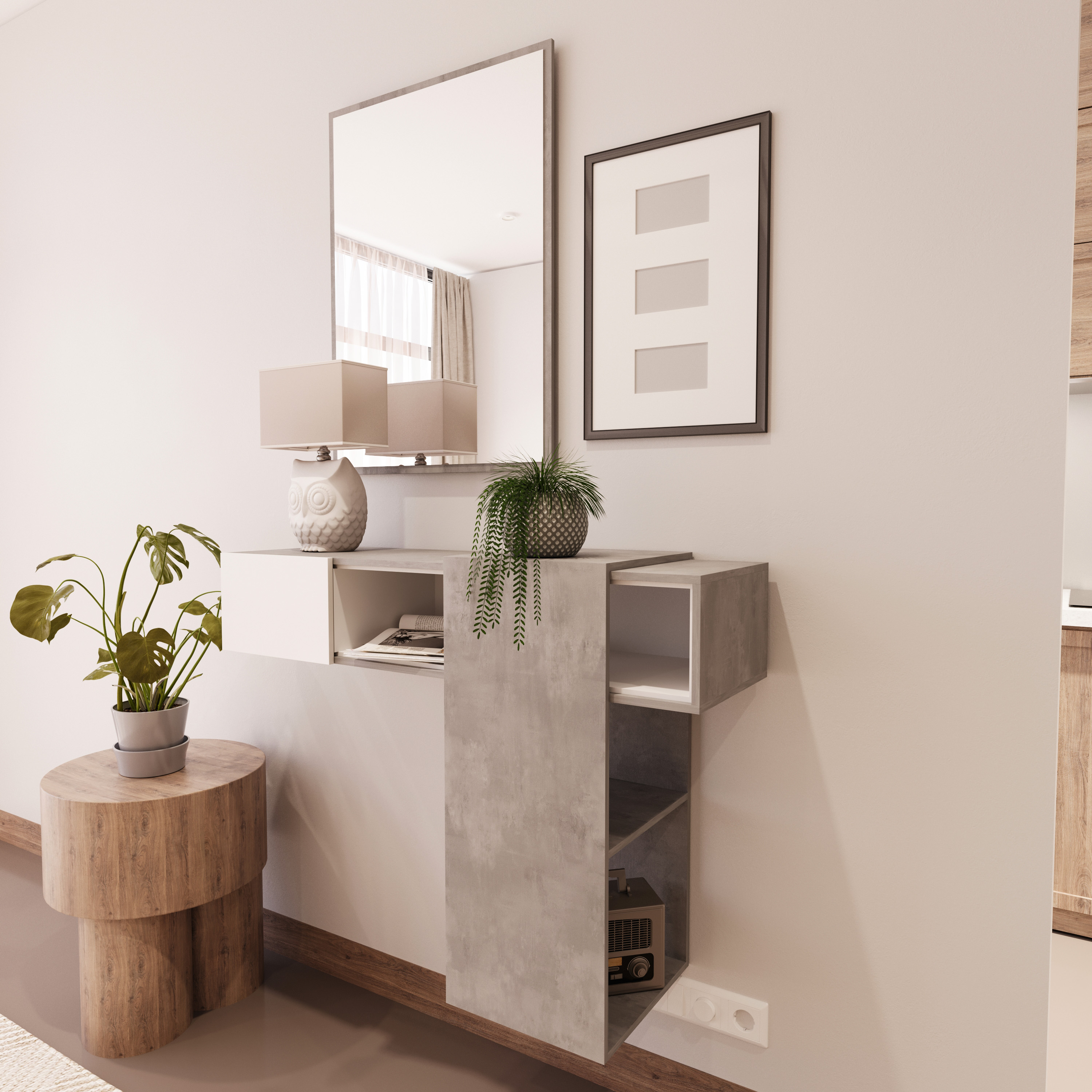 Mobile Ingresso Dmora Con Specchio | 95x26x69 Cm | Bianco E Cemento | Cassetto